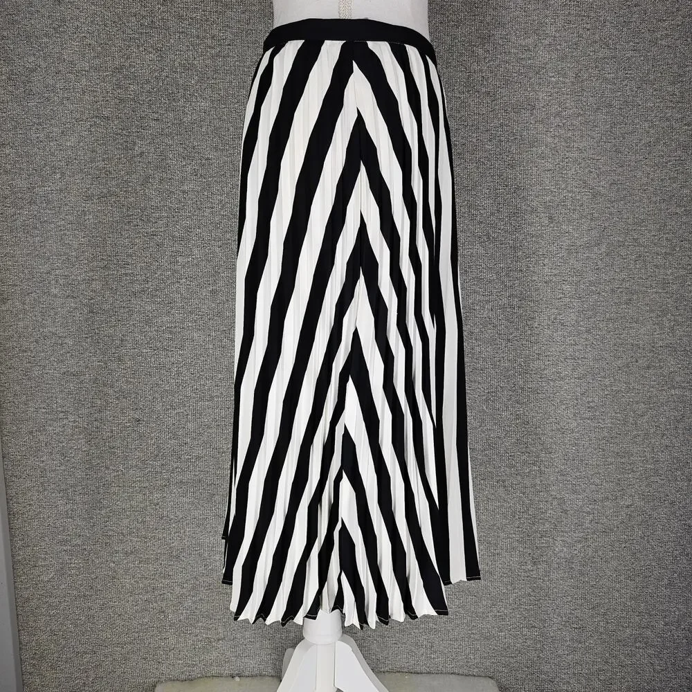 KARL LAGERFELD PARIS WOMEN'S STRIPED WHITE / BLACK PLEATED MIDI SKIRT SIZE 10